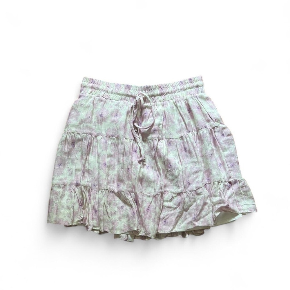 Purple and White Floral Mini Skirt with Tie Drawstring